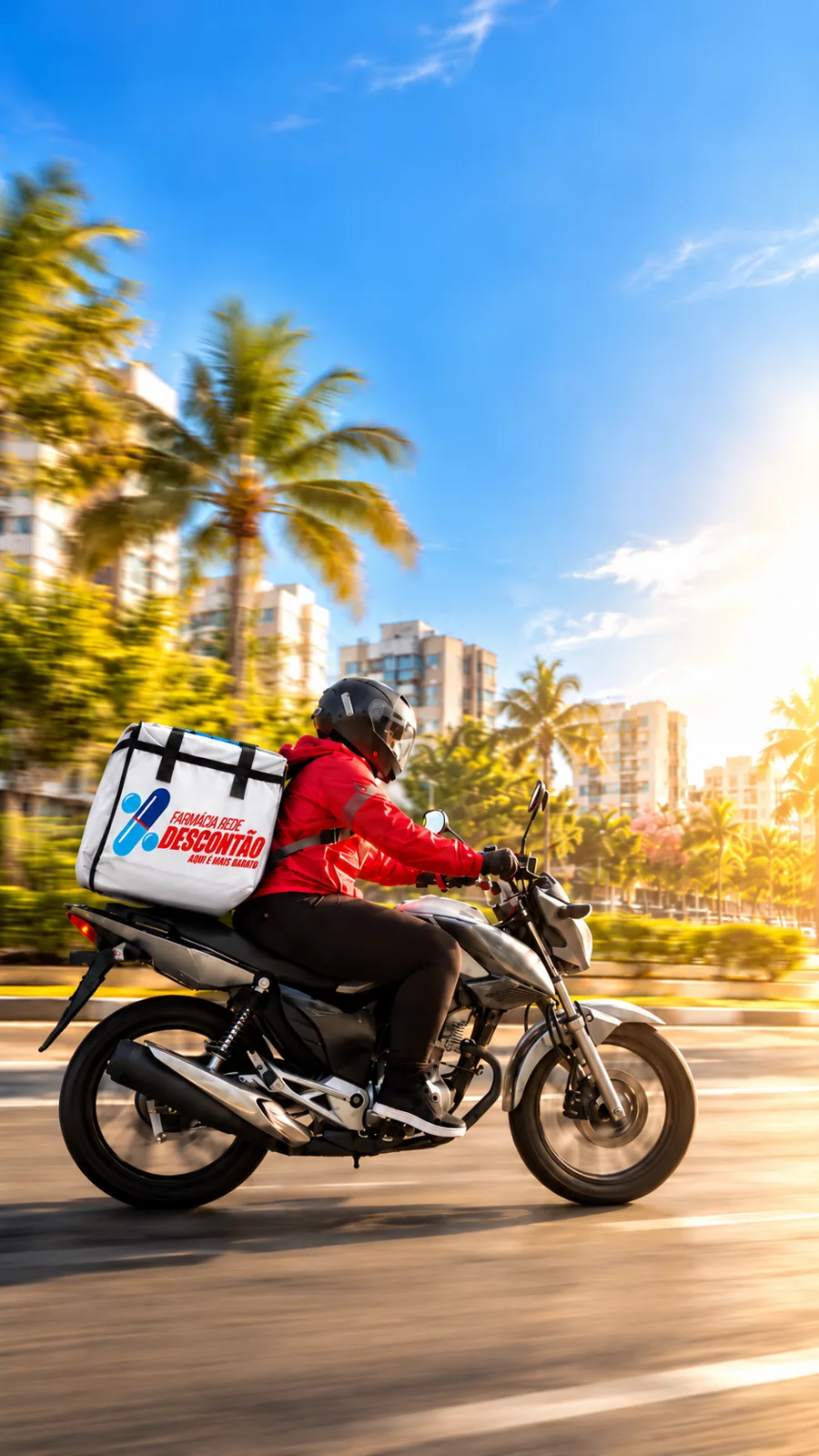 Entregador da Rede Descontão de moto, com a bolsa de entrega da farmácia